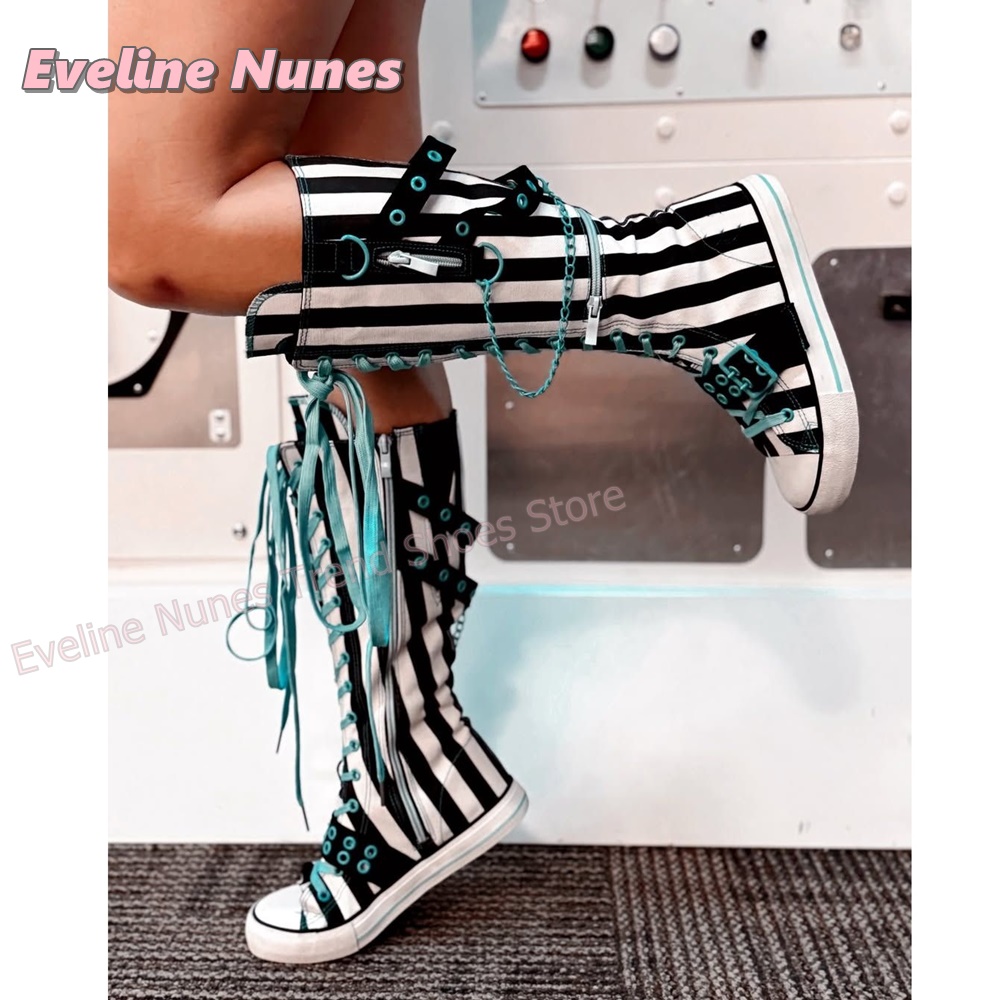 Women'S Fashion Jewellery - Y2K Gothic Striped Canvas Boots Chain