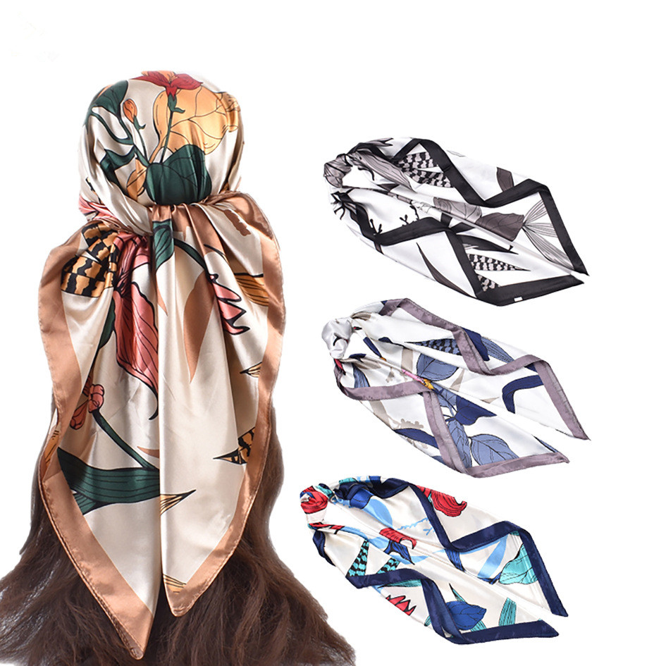 Women Fashion Necktie - 90*90cm Floral Print Silk Square Scarfs