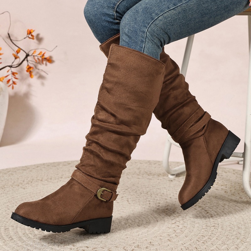 Women'S Fashion Knee High Boots - Spring Autumn Retro Pleated Design Belt