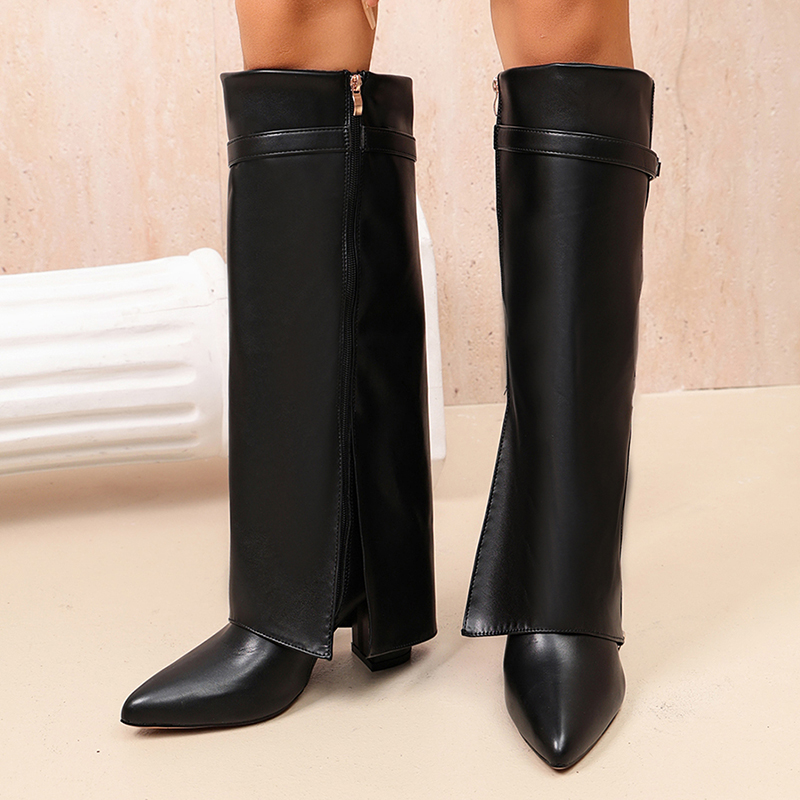Women'S Fashion Knee High Boots - Fashion Black Pu Leather Knee High