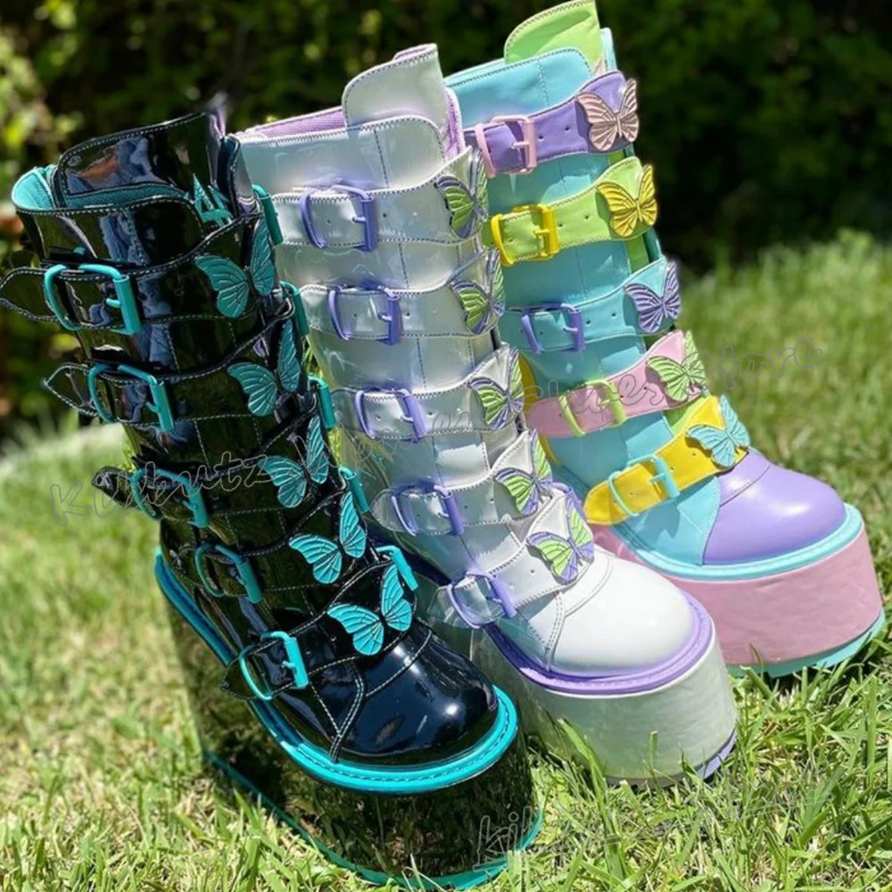 Women'S Fashion Knee High Boots - Butterfly Knee High Boots Platform Belt