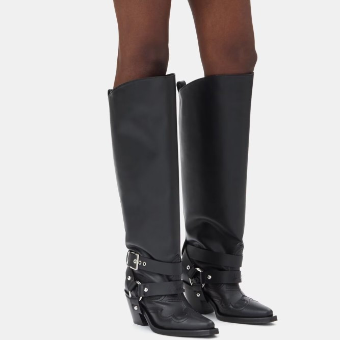 Women'S Fashion Knee High Boots - Women's Black Leather Knee High Cowboy